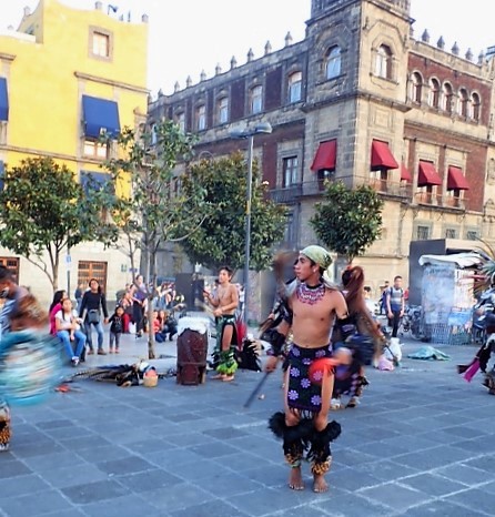 Concheros street dancers perform in Zócalo Square, Mexico City