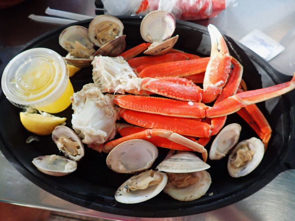 Snow Crab dinner with clams at Dune Dog Café in Jupiter, Florida