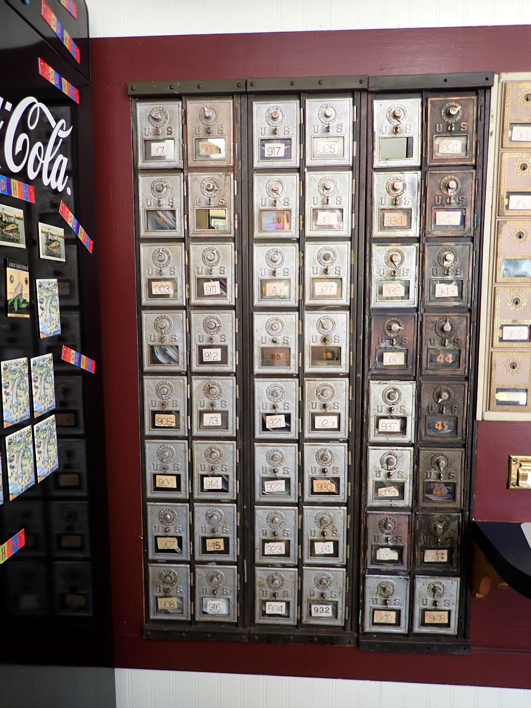 Original post office boxes in the Good Hart General Store