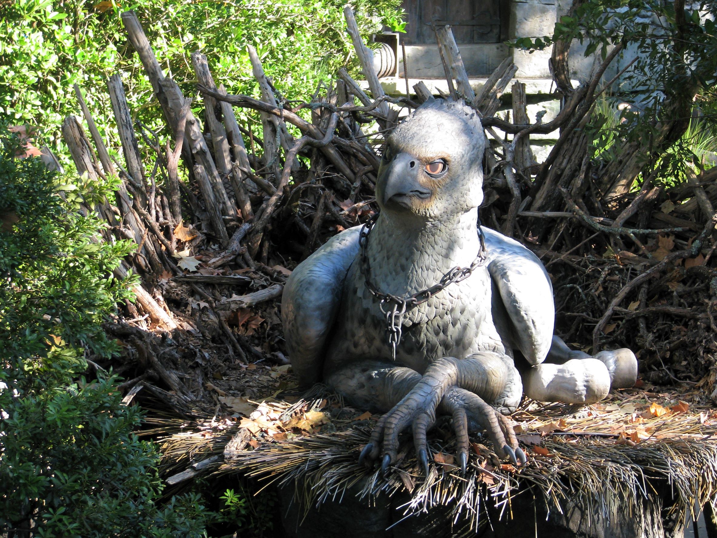 A hippogriff is a magical beast with the front legs, wings, and head of a giant eagle and hind end and tail of a horse.