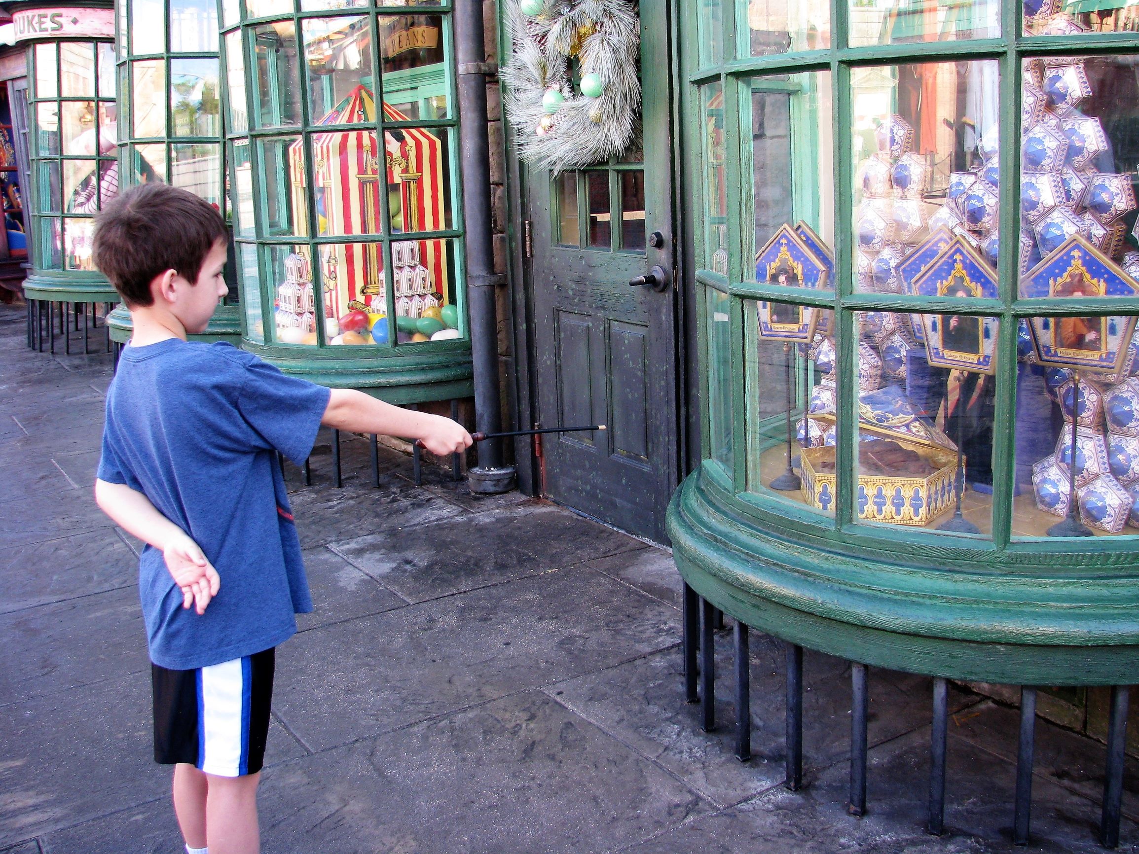 The Revelio Spell reveals a chocolate frog in the window at Honey Dukes Sweet Shop