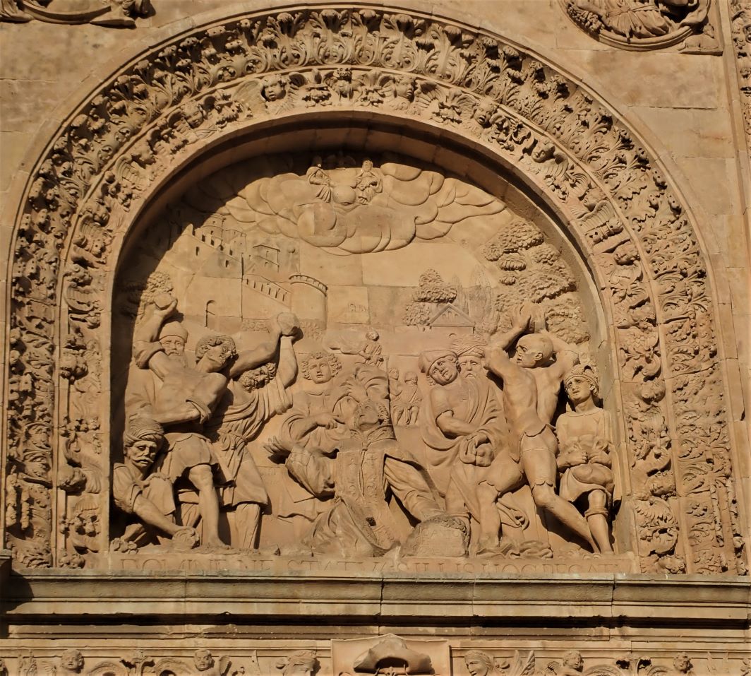 The Stoning of Saint Stephan motif in the façade of The Convent of Saint Stephan, Salamanca, Spain 