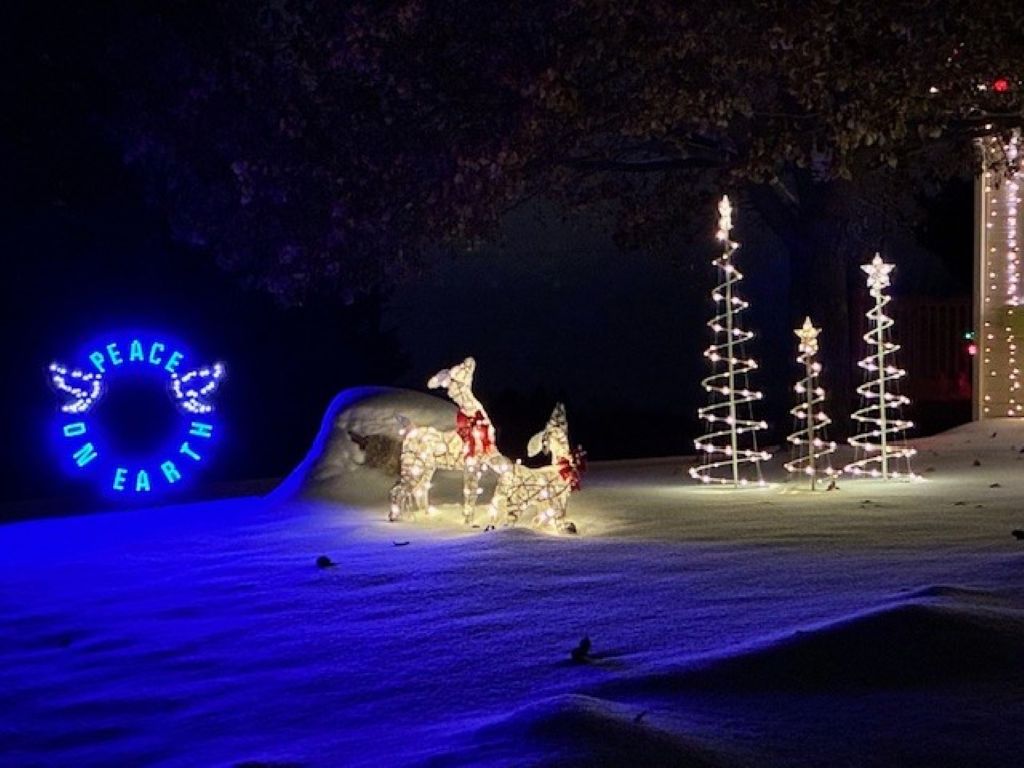 A Peace On Earth sign illuminates a yard in the Cherry Ridge neighborhood on the east side of Traverse City.