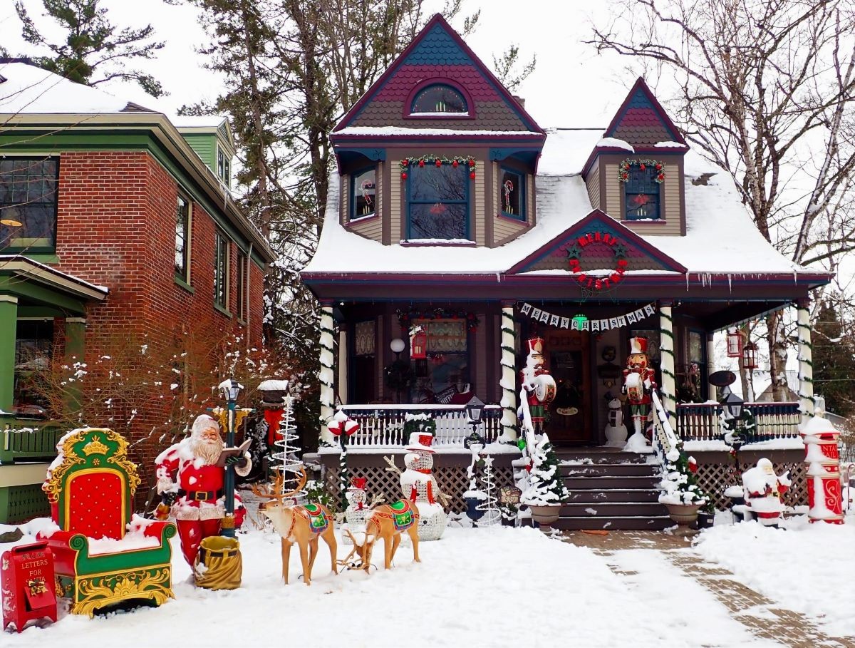 Christmas decorations adorn a Victorian home on Sixth Street in Traverse City, Michigan