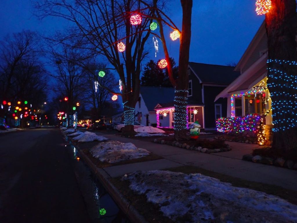 Christmas lights sparkle along Spruce Street in Traverse City, Michigan