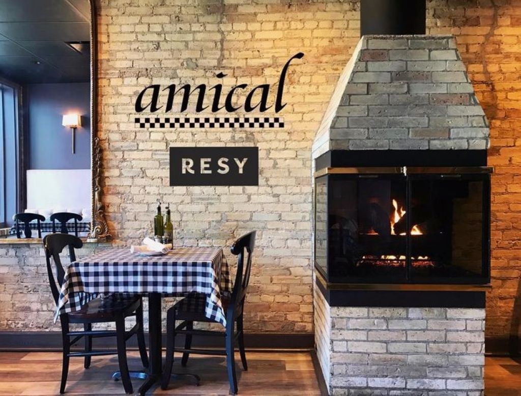 Cozy table inside of the Amical Restaurant in Traverse City, Michigan