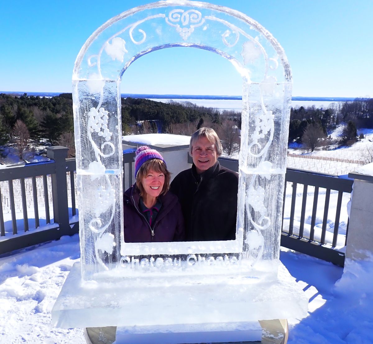 A photo-ready ice sculpture at Chateau Chantal's Ice Wine Festival