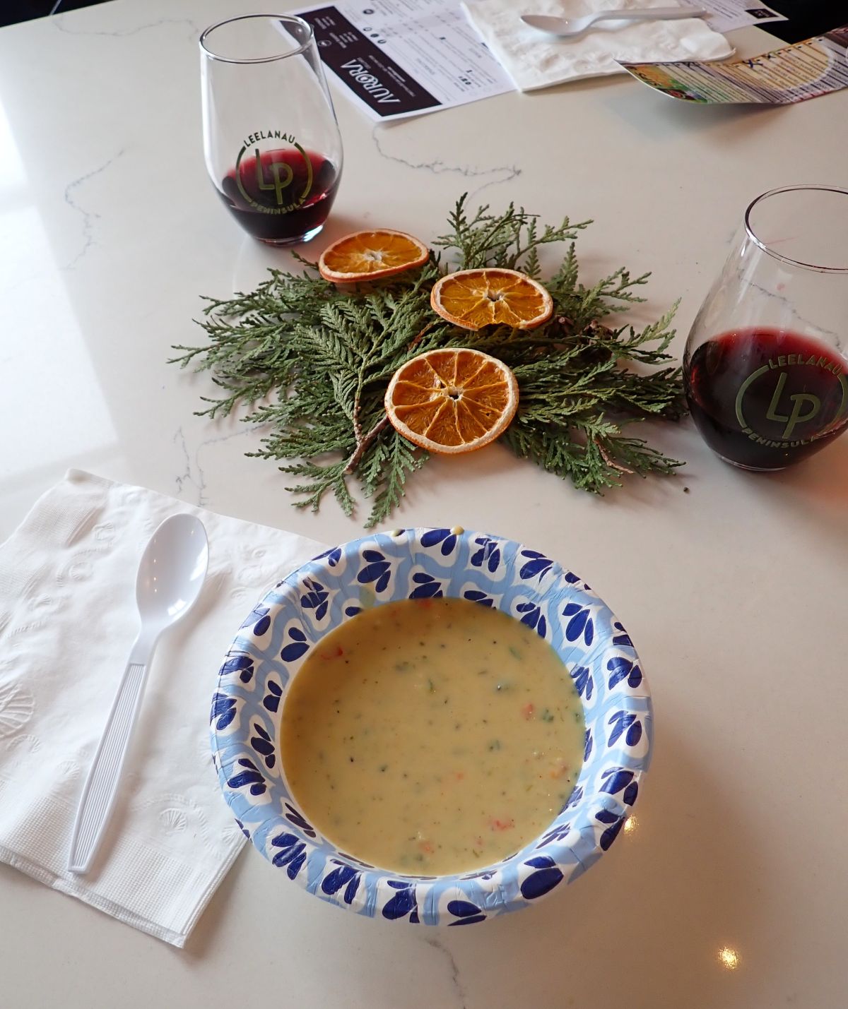 Smokey poblano soup paired with Radiance: a Merlot-Blaufrankisch blend at Aurora Cellars during their Sips & Soups event.