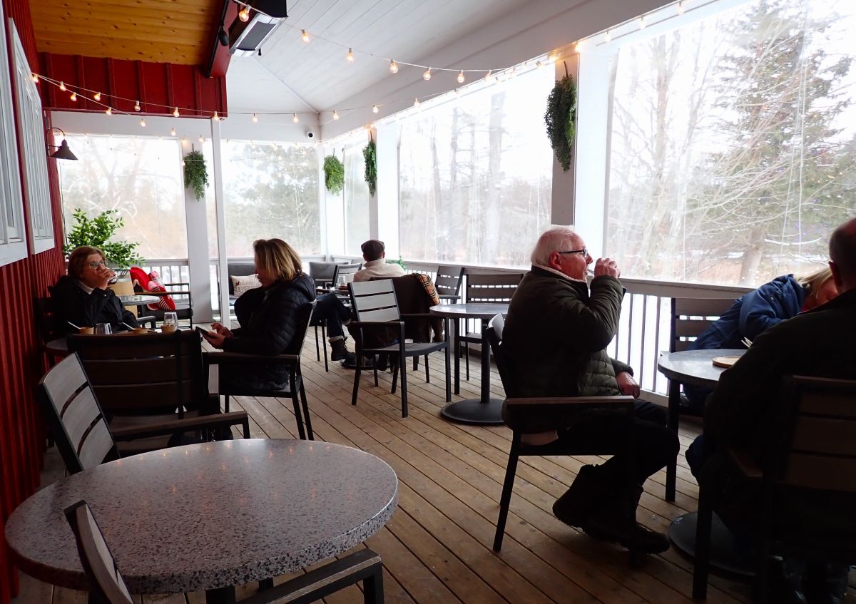 Enjoying wine and soup pairing at Boathouse Vineyards