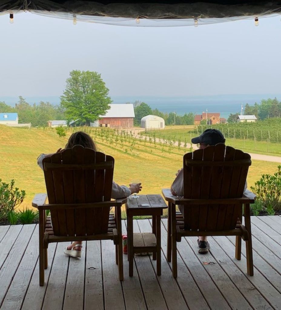 Enjoying the view of Grand Traverse Bay from the porch at 2K Farms and Cidery