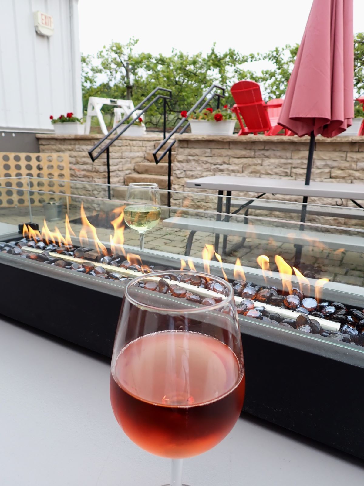 Enjoying the outdoor heaters at Tabone Vineyards on Traverse City's Old Mission Peninsula.