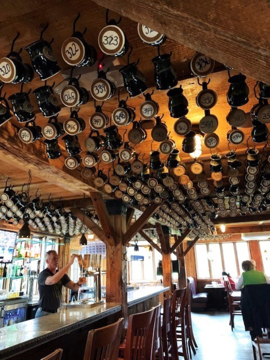 Members of the Jolly Pumpkin Mug Club have their personal mug waiting for them above the bar.