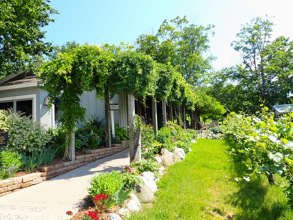 An old horse stable at Bowers Harbor Vineyard now serves as the winery's tasting room