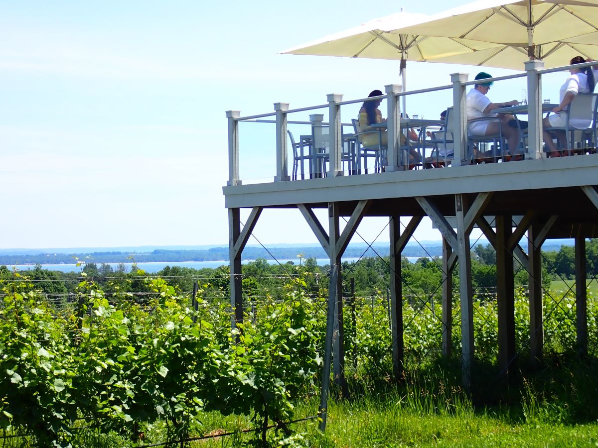Enjoy beautiful views of Grand Traverse Bay from the Upper Deck at Brys Estate Vineyard and Winery