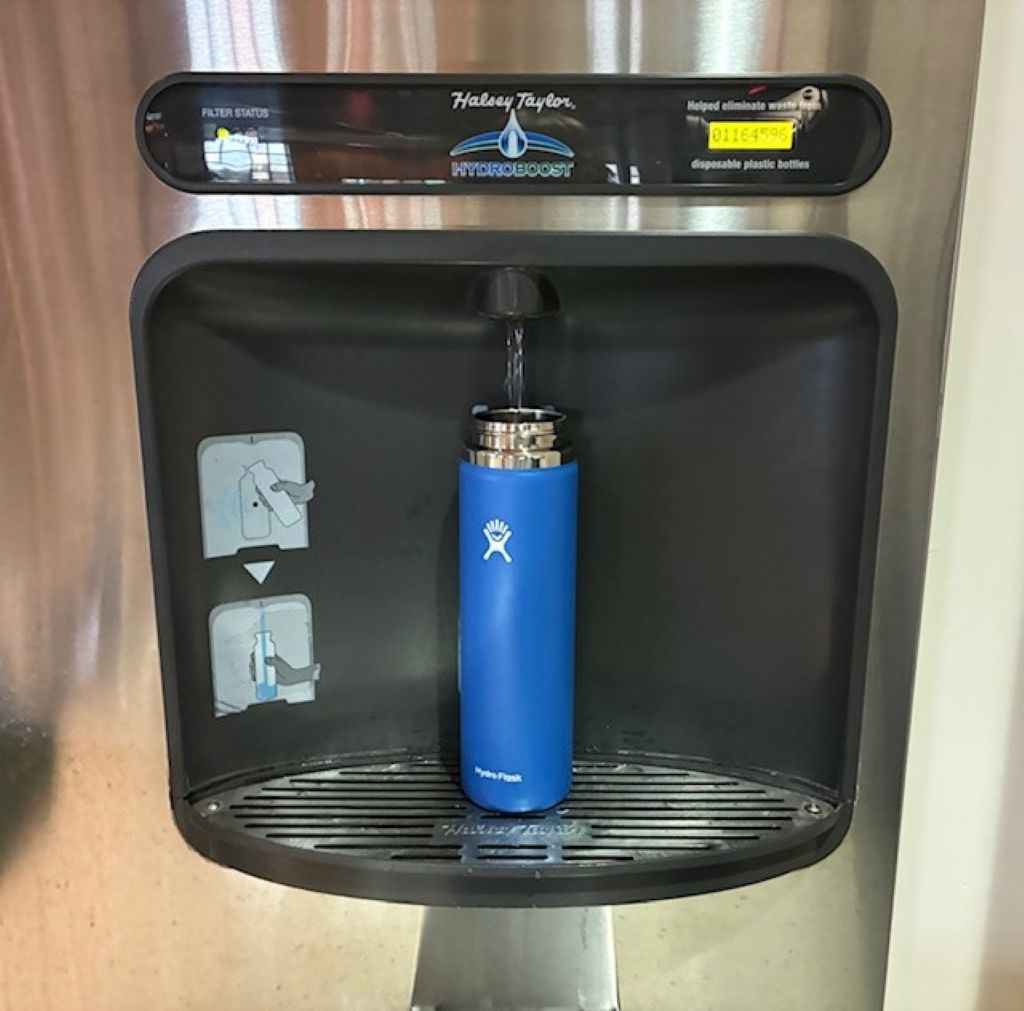 A reusable water bottle is high on my list of essential travel items. I always carry my empty water bottle through airport security and then fill it up at the refill station on the other side. 