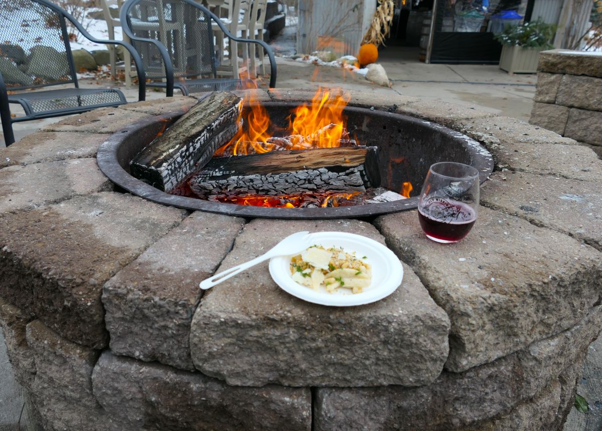 The annual Mac & Cheese Bake-Off is one of the best things to do in traverse City in the fall!  This photo shows Parmesan Truffle Cavatelli mac & cheese paired with Gamy Noir at Bowers Harbor Vineyards.