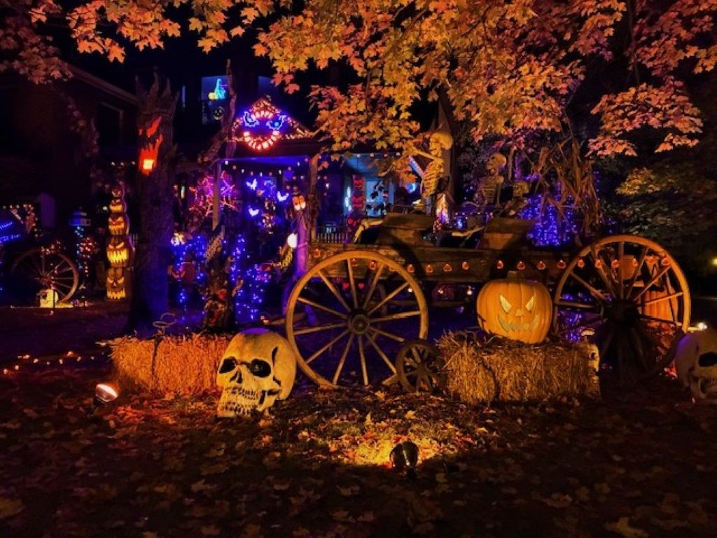Halloween decorations on Sixth Street in Traverse City after dark.