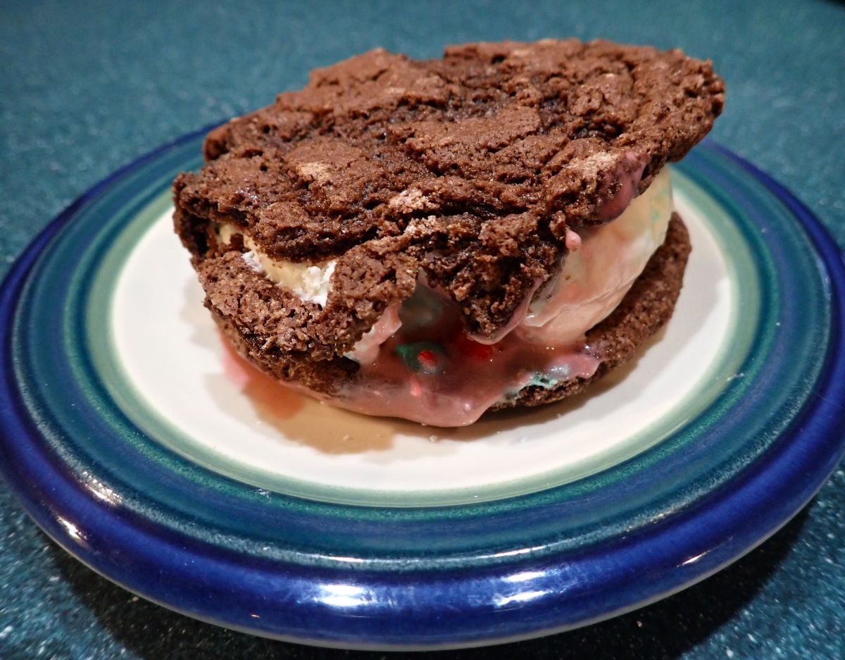 An ice cream sandwich with peppermint stick ice cream from Moomers in Traverse City.