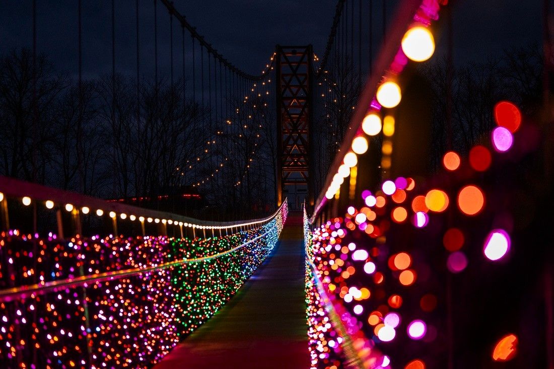 During the holidays, the SkyBridge Michigan sparkles with thousands of colorful LED lights.