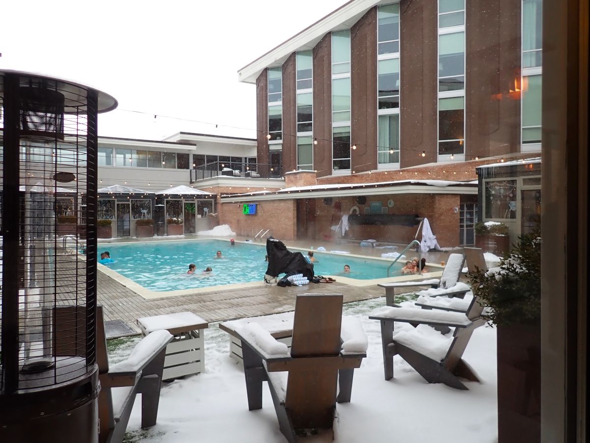 The outdoor pool at the Delamar Traverse City is heated year-round-even in winter!