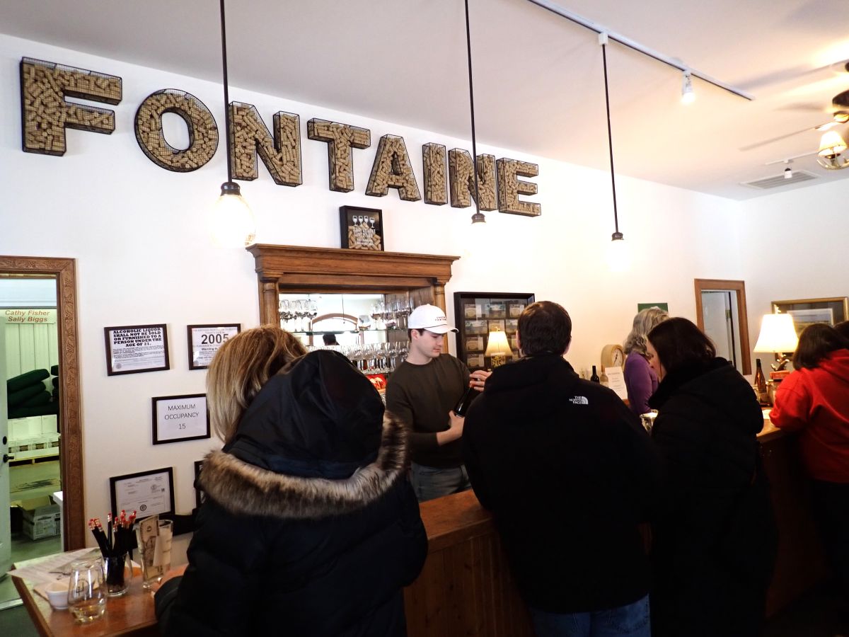The tasting room  bar at Chateau Fontaine on a cold winter's day.