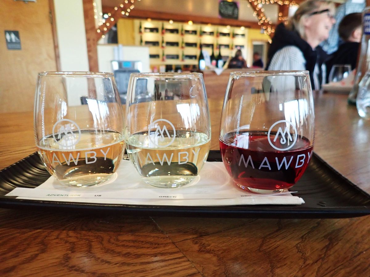 A tasting flight at Mawby Sparkling Wines: Us, Green, Bourbon Barrel Red.