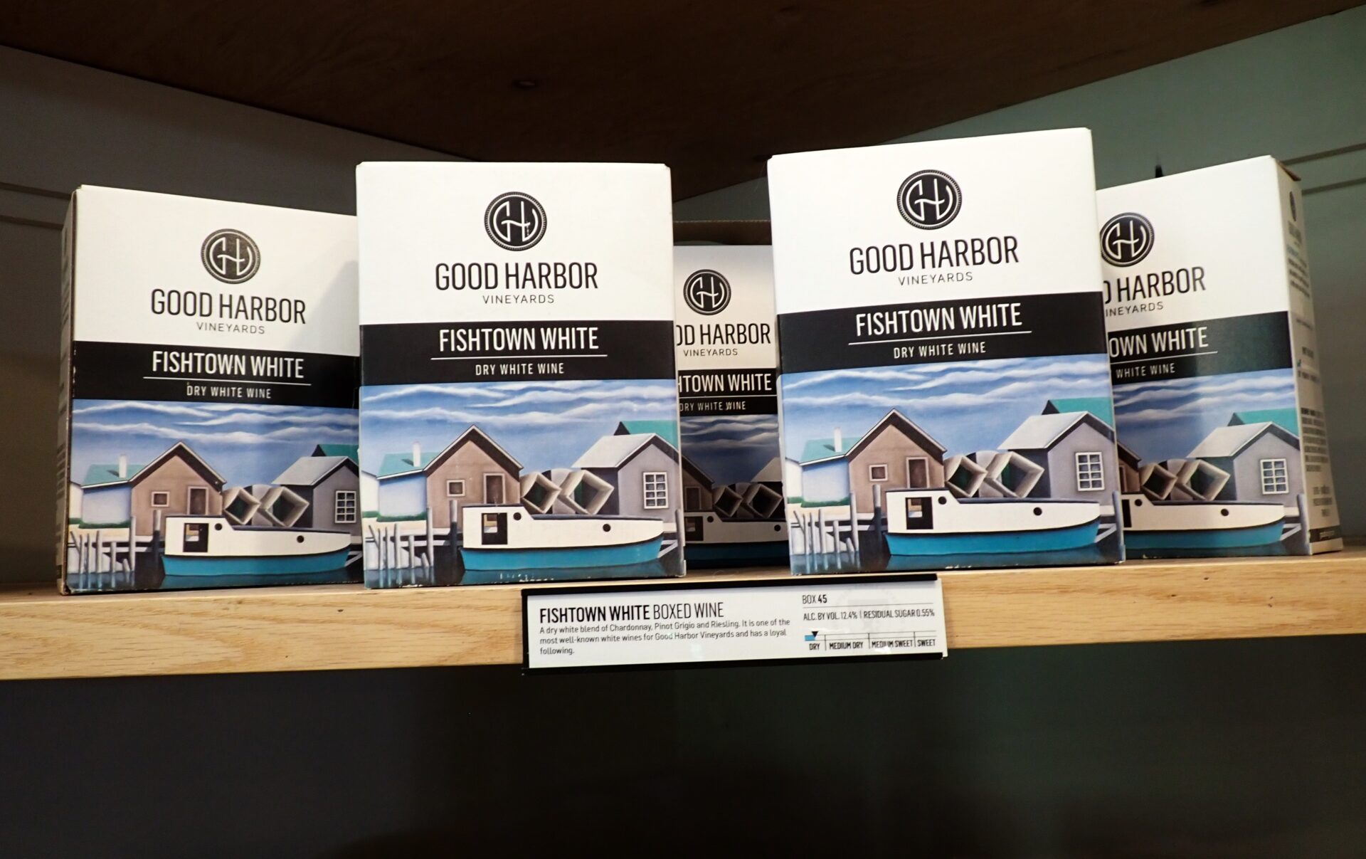 Good Harbor Vineyard's signature Fishtown White comes in a convenient box for easy transport and a longer shelf life than an opened bottle.