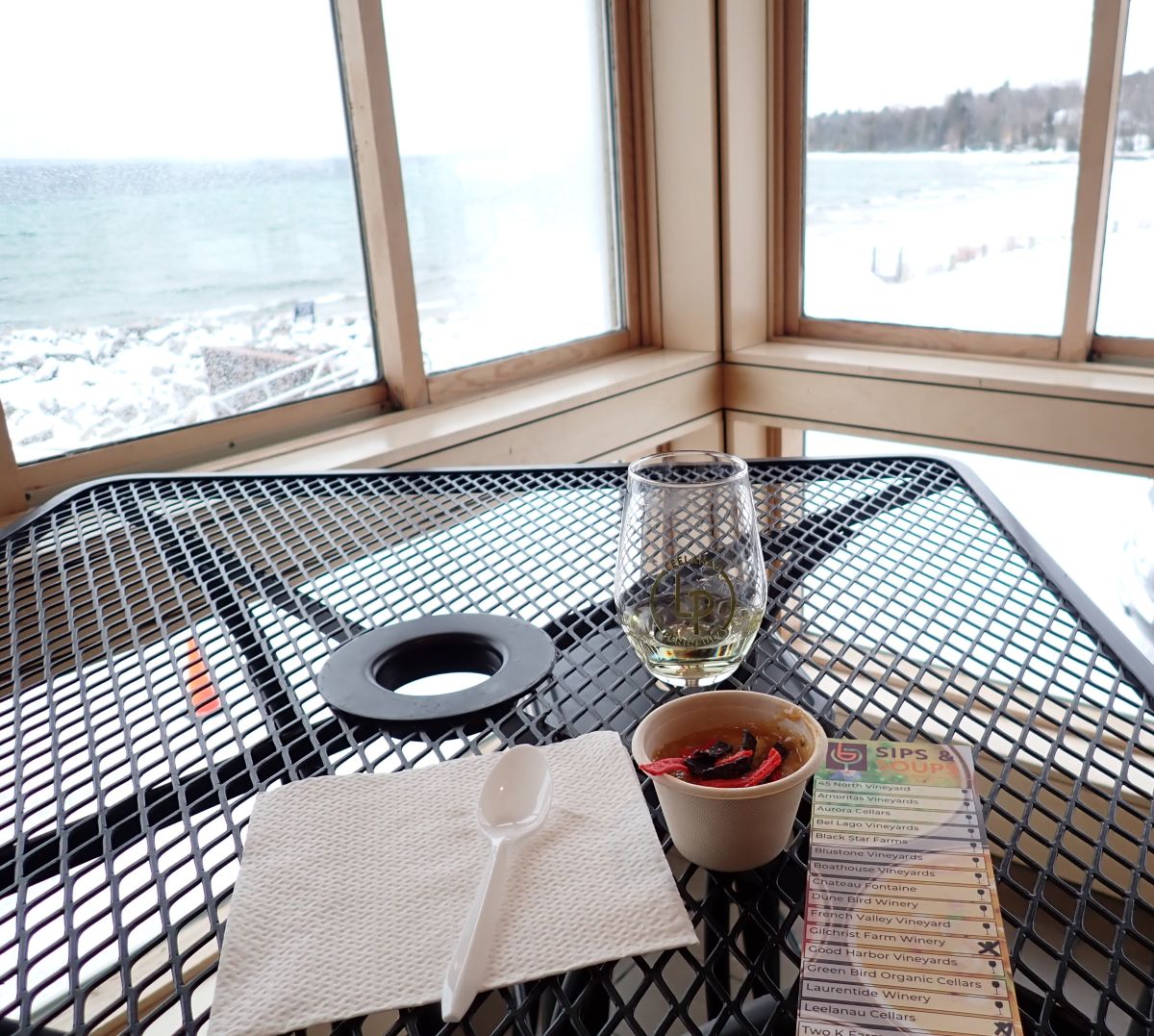 Enjoying white chicken chili in Leelanau Cellar's tasting room during the Leelanau Peninsula Wine Trails Sips & Soups event.