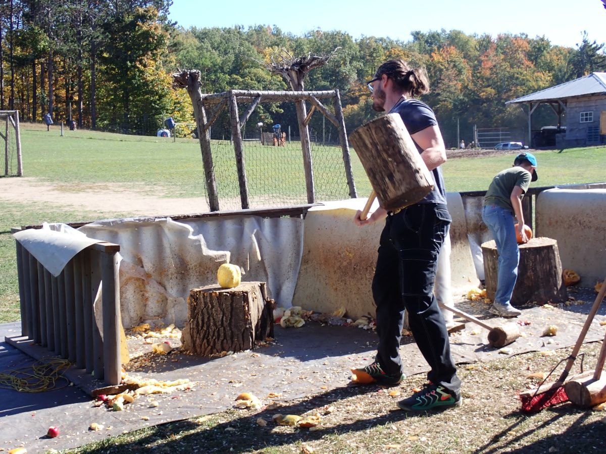Select a mallet and smash a pumpkin during Fall Festival Weekends at Pond Hill Farm.